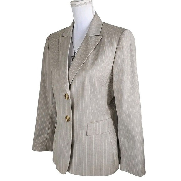 Tahari ASL~Woman Sz. 10~Cream/Beige Vertical Striped Button-Up Blazer Wool Blend - Picture 5 of 9